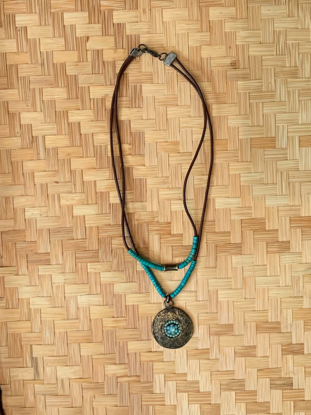 Boho Turquoise Pendant Necklace with Brown Cord